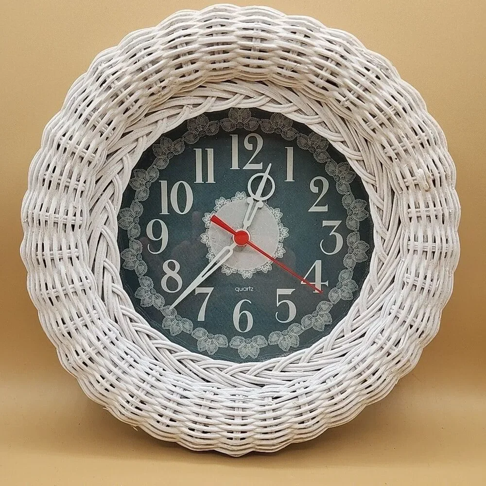 Wicker Wall Clock Cosmotime Retro Blue Lace Face Quartz Battery Operated Vintage